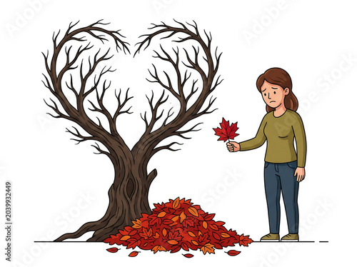 Woman holding autumn leaf beside barren tree surrounded by fallen leaves evoking cozy fall season nostalgia and hand drawn illustration style