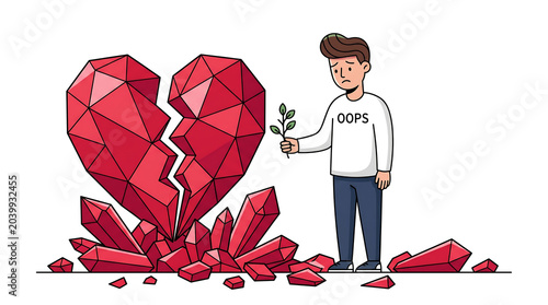 Broken hearted man holding rose symbolizing emotional pain and heartbreak in minimalist illustration style