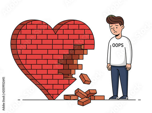 Broken hearted man standing near shattered brick love symbol with emotional sadness and minimalist illustration style