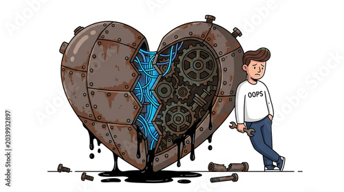 Broken hearted man repairing rusted mechanical love symbol in industrial graffiti style artwork