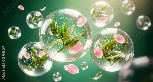 Floating transparent water bubbles containing green leaves and pink flower petals.

