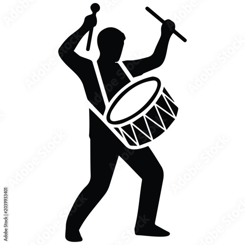 Drummer playing drum in front view, silhouette vector illustration of musician line art.
