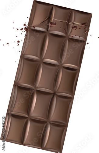 Konstfotografi A broken chocolate bar with crumbs scattered around on a white background