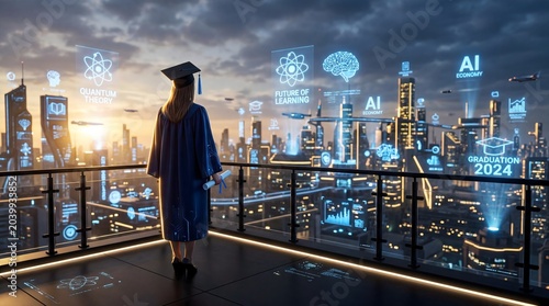 Graduate exploring future learning and AI economy skyline