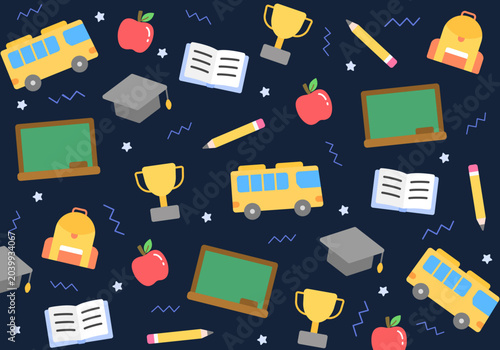 School seamless pattern. School bus, apple, graduation hat, blackboard, trophy, book and stars on dark blue background. Back to school theme. Seamless vector pattern.