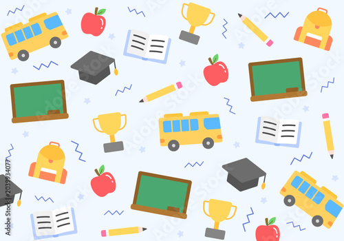 School seamless pattern. School bus, apple, graduation hat, blackboard, trophy, book and stars on light blue background. Education learning theme. Seamless vector pattern.