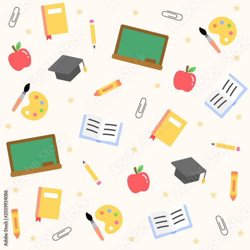 School seamless pattern. Apple, graduation hat, blackboard, pencil, crayon, book and stars on light yellow background. Education learning theme. Seamless vector pattern.