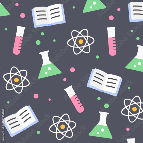 Science seamless pattern. Chemical flask with liquid, atom symbol, notebook and colorful bubbles on dark grey background. Chemistry education theme. Seamless vector pattern.