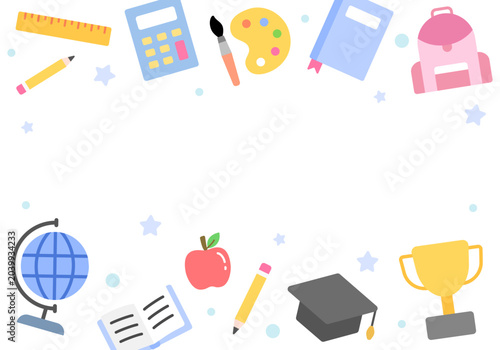 School flat icons collection. Ruler, pencil, graduation hat, book, globe, apple, backpack, trophy and learning supplies with scattered stars on white background. Education vector set.