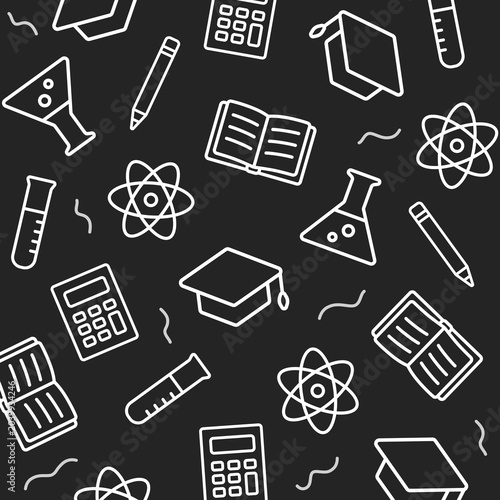 School outline pattern. White line graduation hat, chemical flask, book and pencil on black background. Modern education theme. Seamless vector pattern.