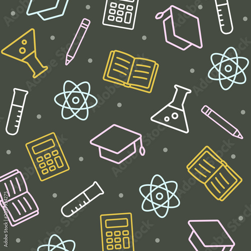 School outline pattern. Colorful graduation hat, chemical flask, book and pencil on dark gray background. Education and learning theme. Seamless vector pattern.