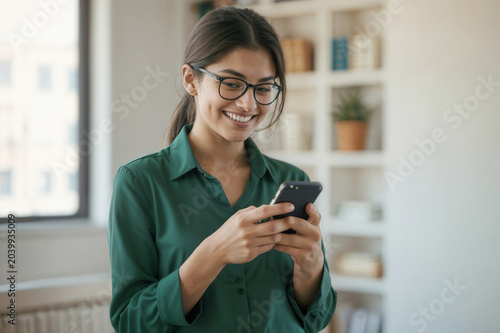 Happy young Indian woman smiles holding smartphone, looking at screen. Woman enjoys mobile connection, digital life, online chat, social media
