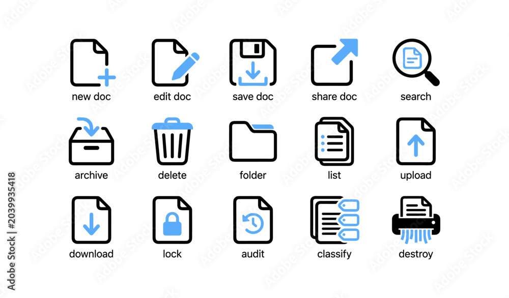 Fototapeta premium Document icons arranged in labeled grid on white background