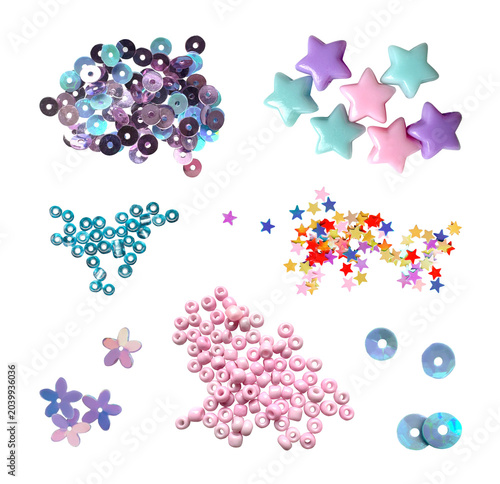 Tableau sur toile Star beads, sequins, flower beads and colorful embellishments collage isolated clipart set