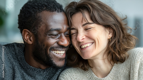 Happy diverse couple laughing together indoors. Man and woman smiling with genuine joy and affection, wearing cozy sweaters. Portrait of happiness and relationship connection.