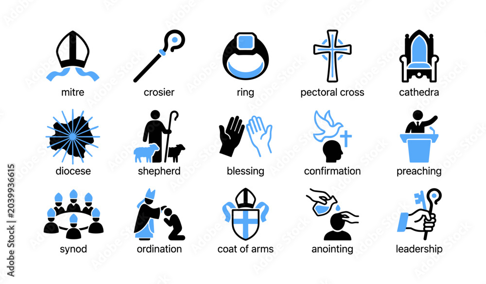 Fototapeta premium Religious symbols and clergy items displayed on white background