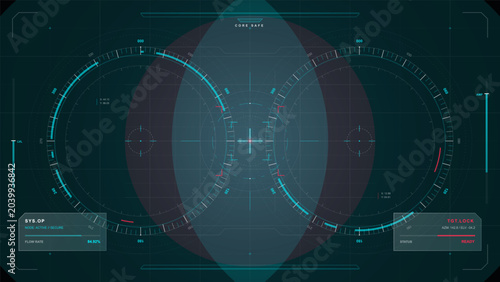 Tablou pe pânză Futuristic cyan HUD interface with twin radar dials, central targeting reticle,