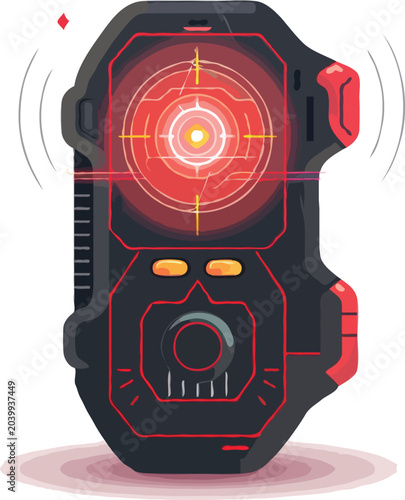 A flat vector illustration of a handheld electronic stud finder tool with a glowing LED target display, minimalist, isolated on a solid white background, vibrant red accents, 2d vector art
