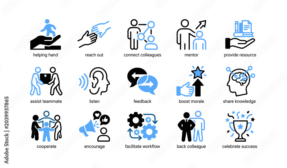 Fototapeta premium Teamwork icons illustrating support actions in grid layout