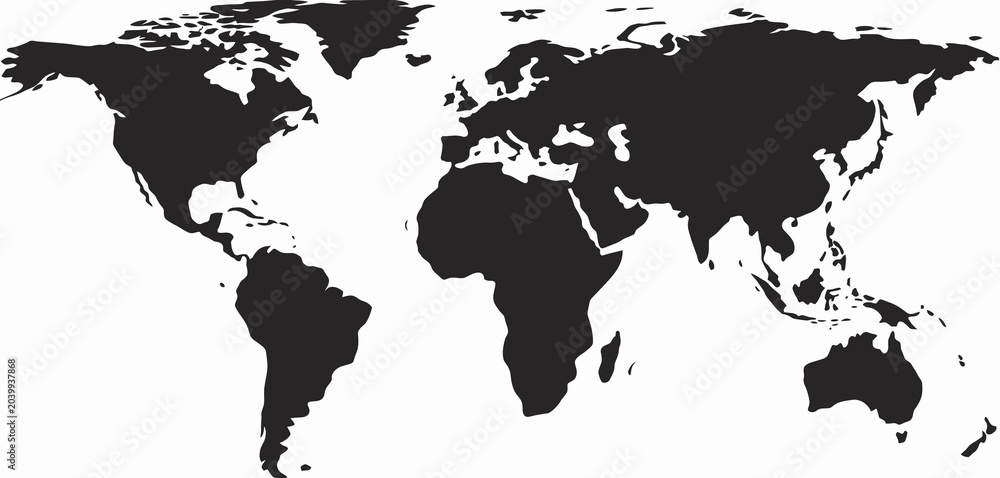 Fototapeta premium World Map Silhouette Illustration, Detailed Global Continent Map in Black Design Isolated on White Background, Perfect for Geography Education, International Business Concepts, Travel Planning, Global