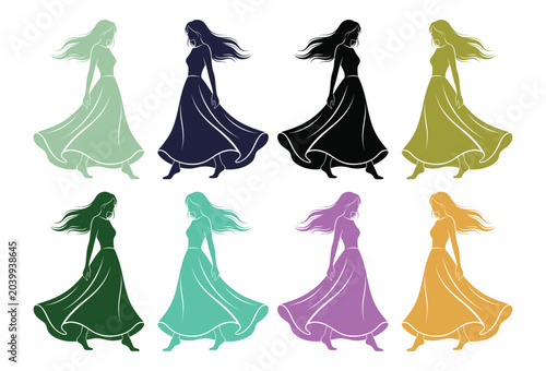 Set of colorful woman silhouettes in long flowing dresses isolated on a white Background