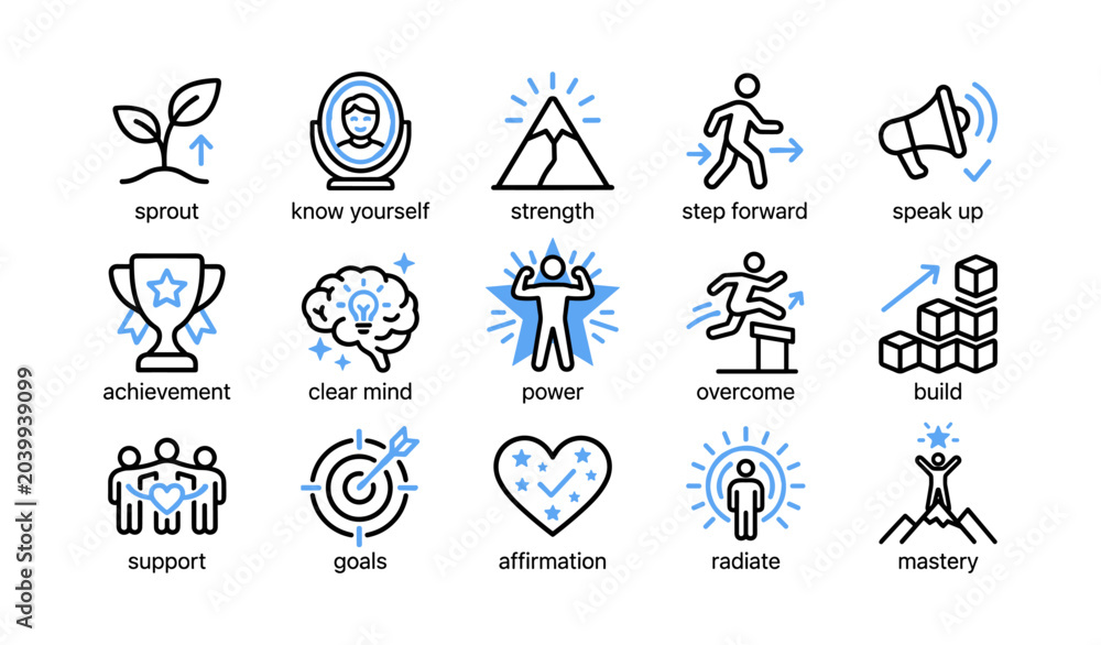 Fototapeta premium Personal growth and achievement icons arranged on white background