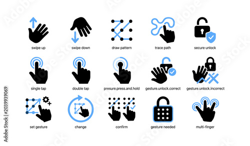 Hand gesture icons for unlock and touch controls on white background