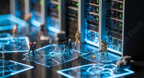 Miniature figures diligently mopping glowing data pathways within a futuristic server room, representing meticulous IT maintenance and digital cleanliness.