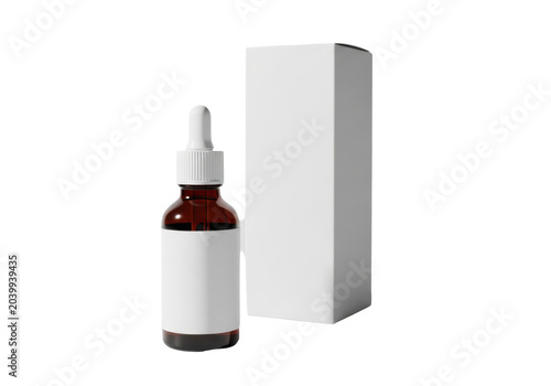 Amber glass dropper bottle with blank label and white packaging box isolated on transparent background
