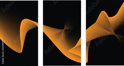 Bild auf Leinwand Abstract three panel triptych wall art with glowing orange wavy particles on bla