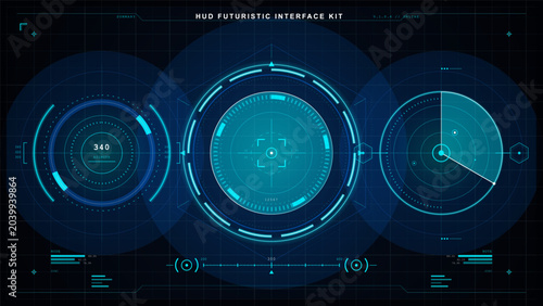 Schilderij op canvas Futuristic HUD interface kit with glowing cyan circular radar panels, azimuth ga