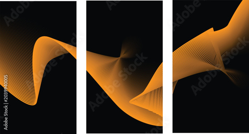 Foto Abstract three panel triptych wall art with glowing orange wavy particles on bla