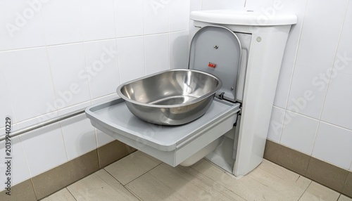 Silver Metal Bedpan Resting on a Bedside Commode Shelf in a Hospital Bathroom Setting