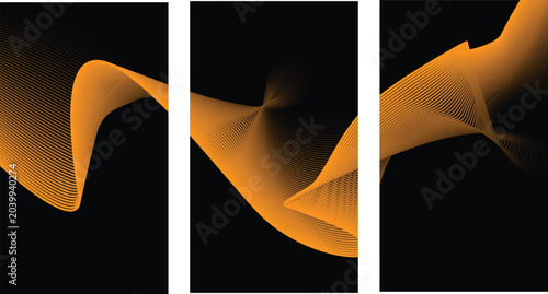 Foto Abstract three panel triptych wall art with glowing orange wavy particles on bla