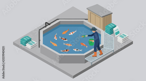 Canvas Print Fish pond with a man feeding koi fish.