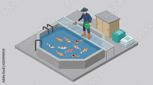 Bilde på lerret Man feeding koi fish in a pond.