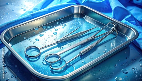 Set of Stainless Steel Surgical Instruments Soaking in a Disinfection Tray with Water Droplets