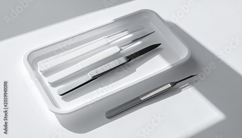 Set of sterile disposable medical instruments including forceps and scalpels arranged on a clean white tray with soft lighting
