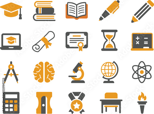 Education and school vector icon set. Collection of flat learning, graduation, university, and science symbols isolated on white background.