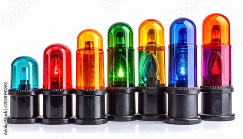 Set of vibrant signal flares in red, orange, amber, green, and blue arranged in a row, isolated on a clean background