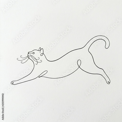 Line drawing of a cat stretching in minimalist style on white background  
