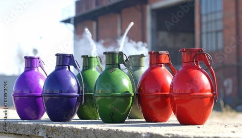 Several vibrant smoke grenades of different colors, including red, green, and purple, lined up on a concrete surface.