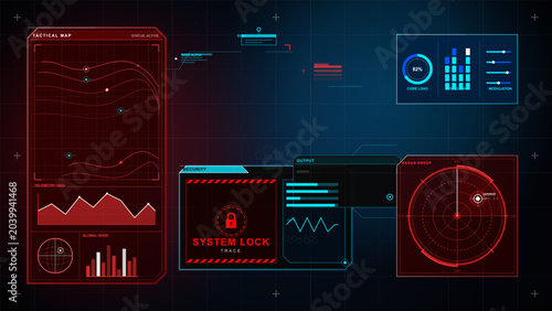 Canvastavla Futuristic red and cyan HUD dashboard with tactical map, system lock panel, rada
