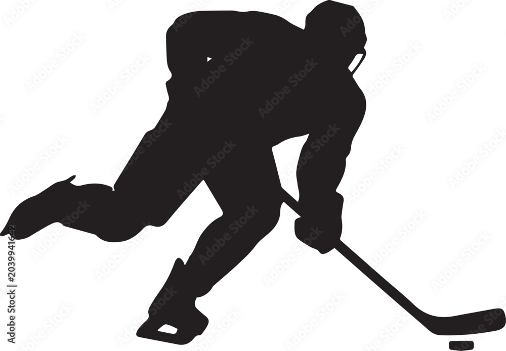 Obraz premium Ice hockey player skating fast with puck and stick isolated on transparent background professional athlete sport silhouette.