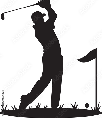 Golf player silhouette swinging club on course with flag and ball isolated on transparent background for sports illustrations.