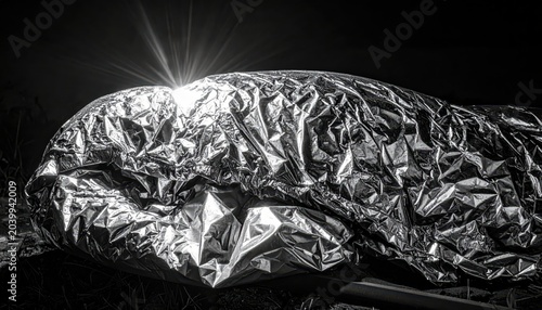 Shiny reflective emergency foil blanket partially unwrapped, showcasing its crinkled silver surface and light-catching texture.