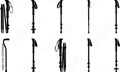 Collection of hiking and trekking poles, including collapsible and adjustable models, in a diverse artistic presentation