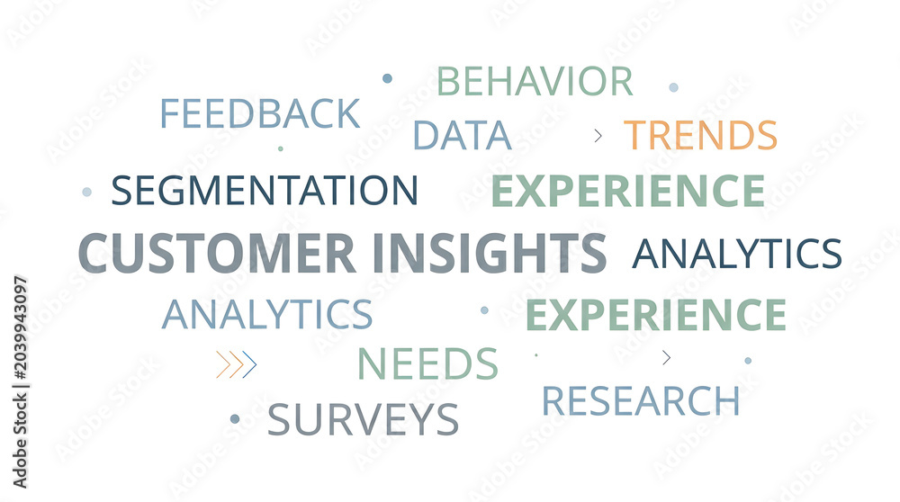 Obraz premium Customer insights word cloud with focus on data and behavior analytics.