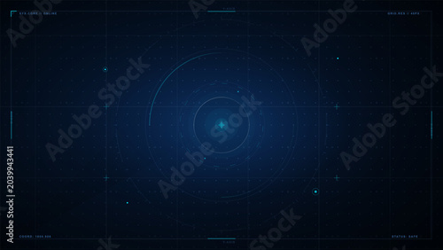 Fotografie Dark futuristic HUD vector background with blue circular radar target, glowing g