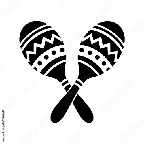 Black silhouette of crossed patterned maracas, isolated on a transparent background. Perfect for fiesta celebrations.